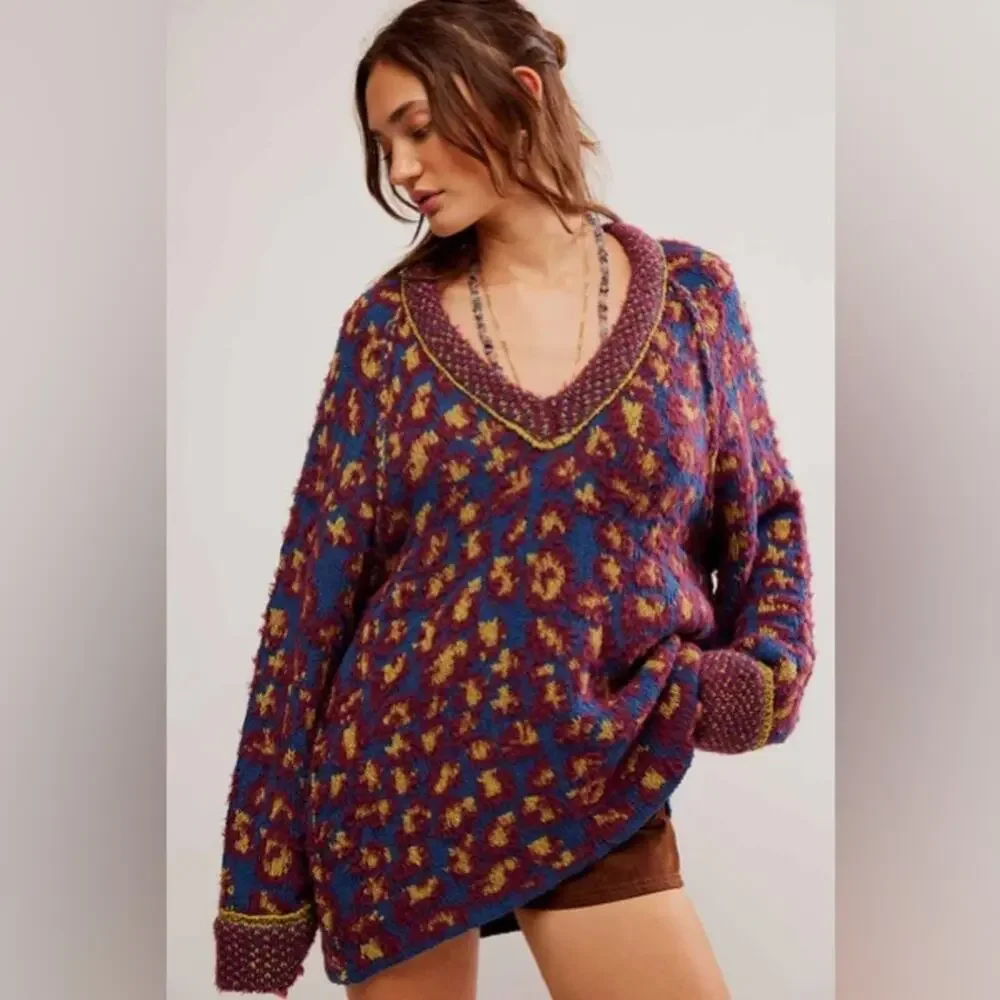 Free People Leopard Little Animal Pullover Crew Neck Sweater Blue Fig Combo XS